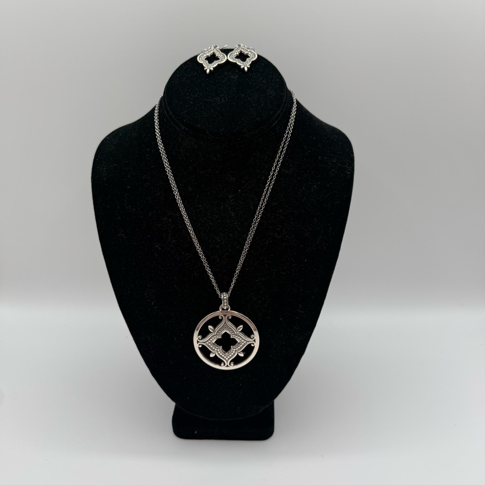 Brighton Morena Silver Crystals Reversible Pendant Necklace with Earrings